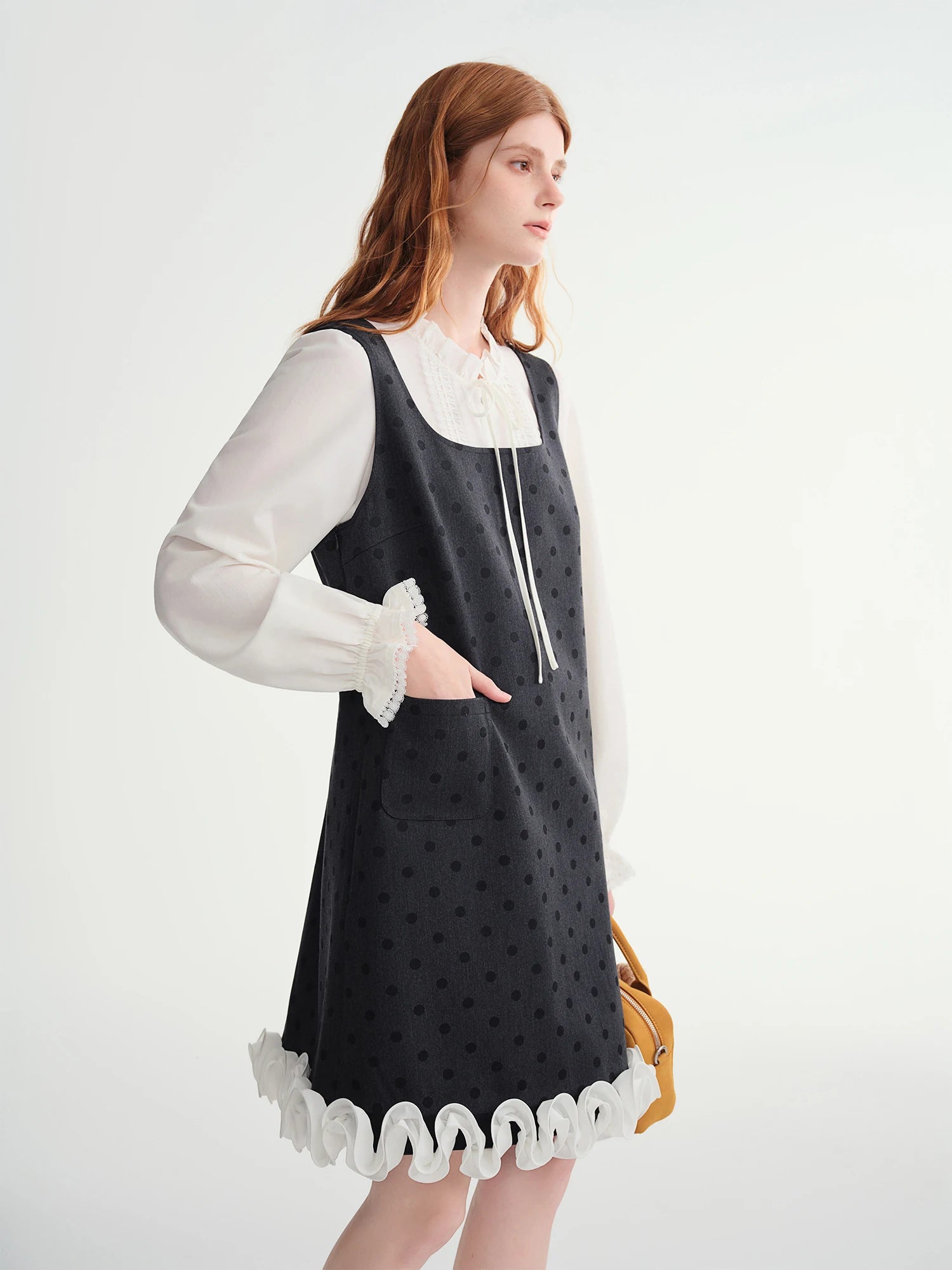 DUSHU Polka Dot Print Contrast Color Lace Trim Sleeveless Dress Women 2025 Winter New Arrival Casual Party Wear Vest Dress