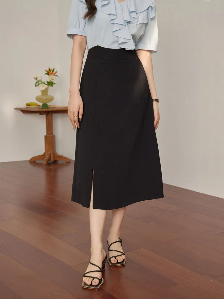 DUSHU Simple High Waist Slit Skirt Temperament Black Twill Office Lady Summer A-LINE Skirts Back Elastic Waist Female Skirts