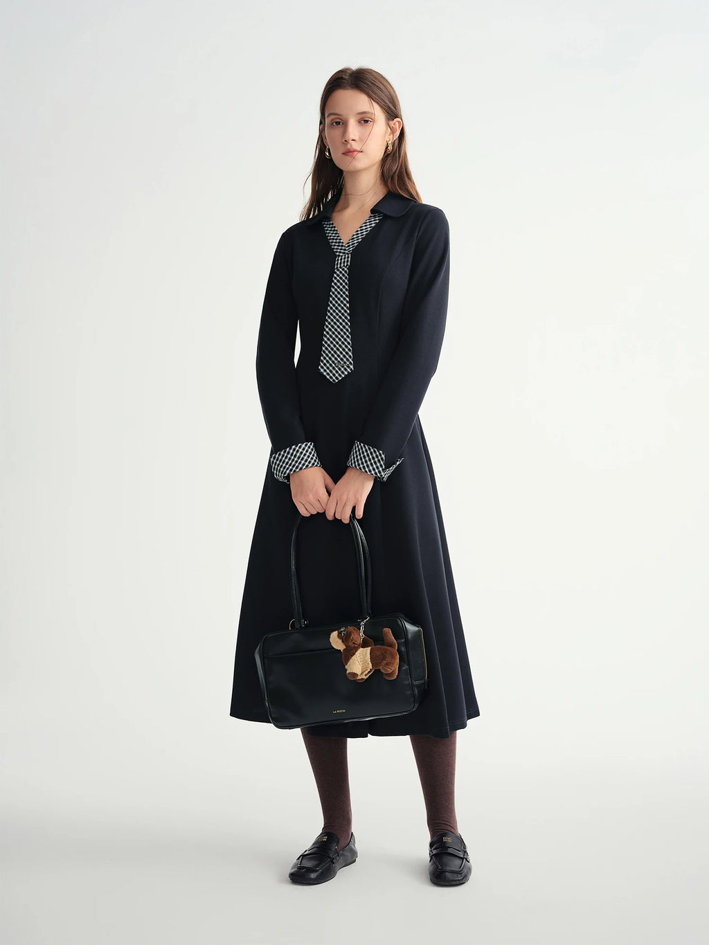 DUSHU 2025 Fall Winter Women's Plaid Tie-Neck Dress with Asymmetric Panel Design, Vintage Grid Pattern Collarless Shift Dress