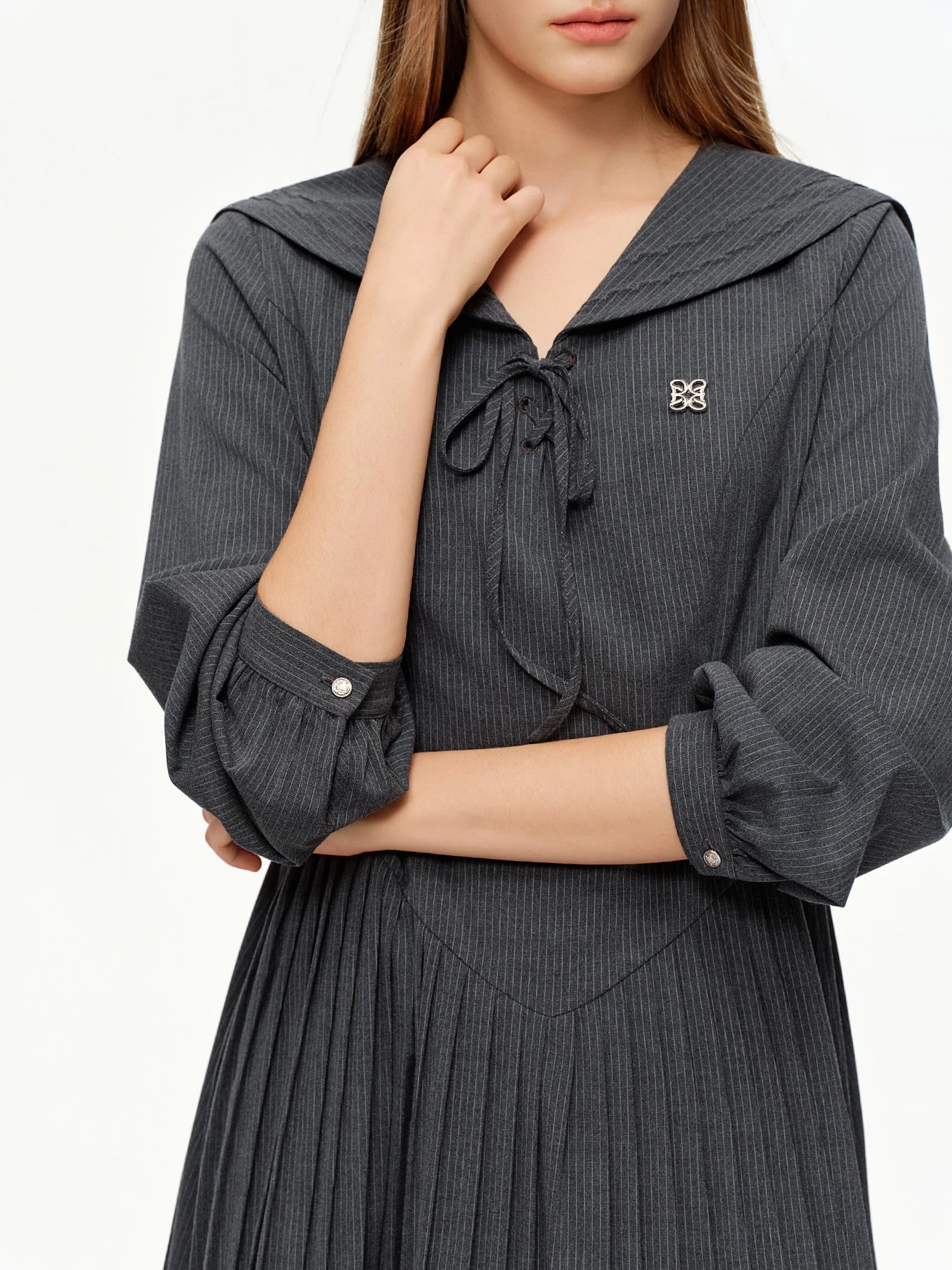 DUSHU 2026 Spring Women's Nautical Academic Style A-Line Midi Dress with Pleated Skirt - Preppy Bow Tie Detail for Campus Casual