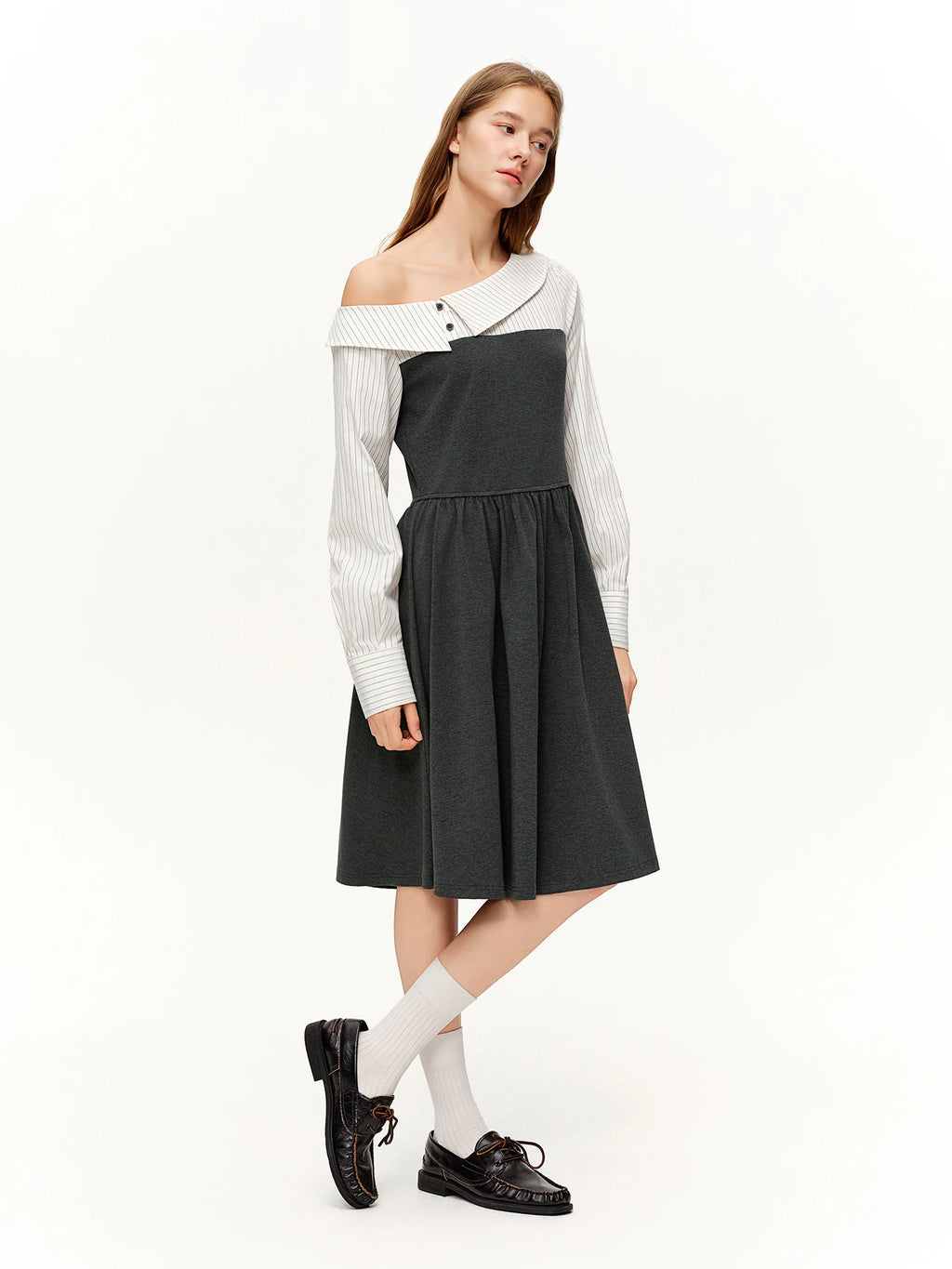 DUSHU Commuting Style U-Neck Stripe Dress 2026 Spring New Arrival Collection Two-Piece Illusion Asymmetric Hemline Design Dress