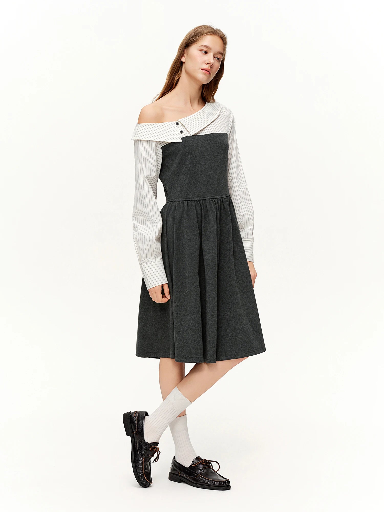 DUSHU Commuting Style U-Neck Stripe Dress 2026 Spring New Arrival Collection Two-Piece Illusion Asymmetric Hemline Design Dress