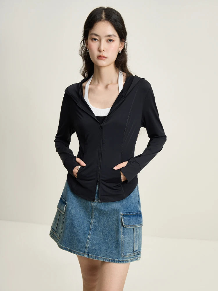 DUSHU 【4 Colors】Slim Cool Sun Protection Women Long Sleeve Coats Double-ended Zipper Curved Hem Stretch Sun Clothes 24DS82312