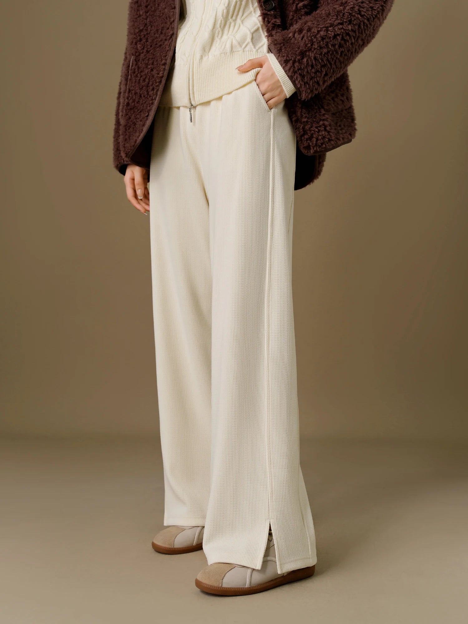 DUSHU【2 Colors】Women Thick Trousers 2024 Winter Beige Elastic Waist Full Length Trousers Black Commuter Pant 24DS84528+24DS84429