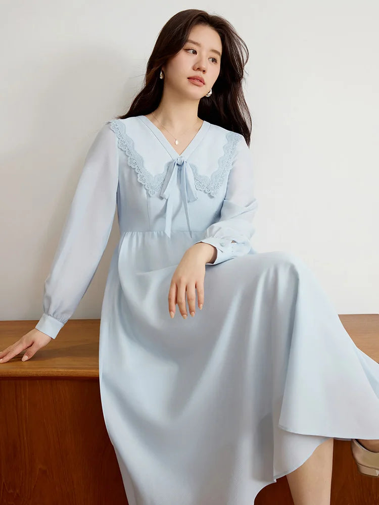 DUSHU Women Spring Long Dresses Blue Sweet Female Peter Pan Collar Long Sleeve Dress 2025 A-LINE Commuter Dress 25DS81230