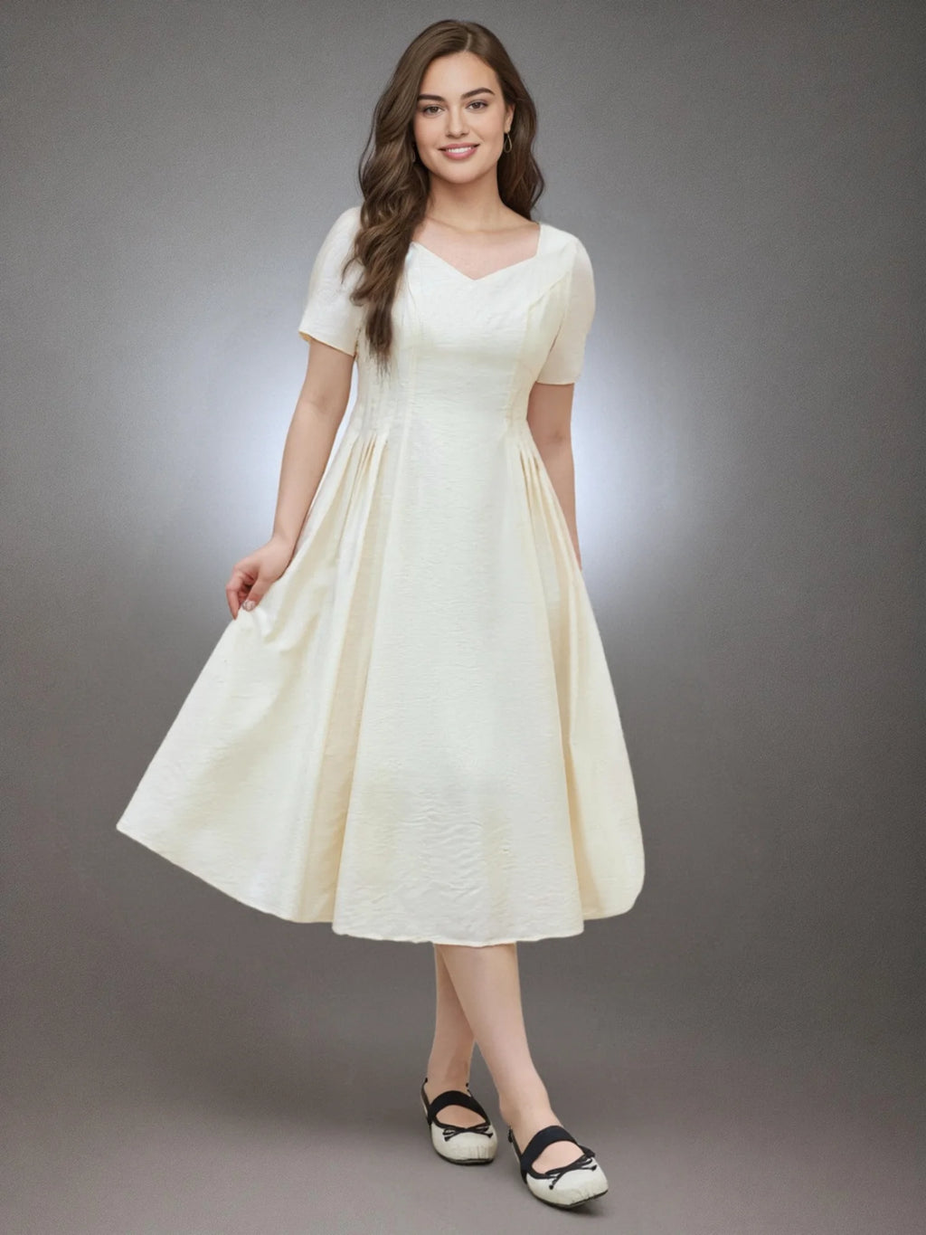 DUSHU 2025 Summer Plus Size Women French-Style Square Neck Elegant Dress - Slimming Waist-Defining Solid White Maxi Dress