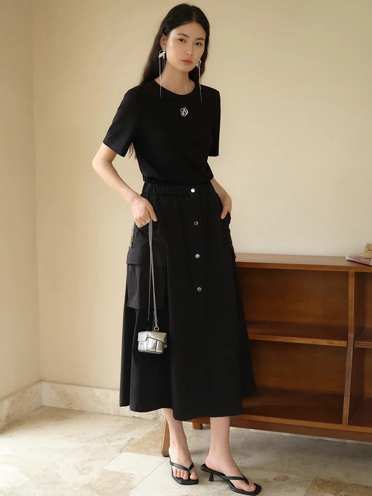 DUSHU Ice Cool Touch Fake Two Piece Needle Shuttle Combination Dress 2024 Summer New Dress Black Women Dresses 24DS82490