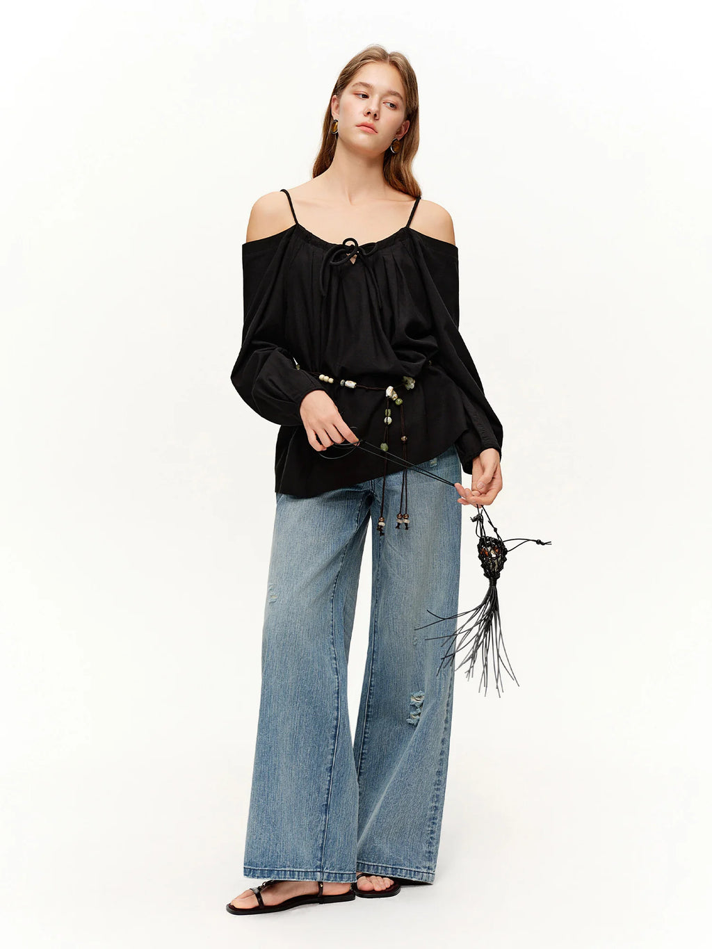 DUSHU Ripped Denim Wide-Leg Loose Jeans 2026 Spring New Arrival Casual Slimming Design Floor Lenghth Long Cotton Contain Pants