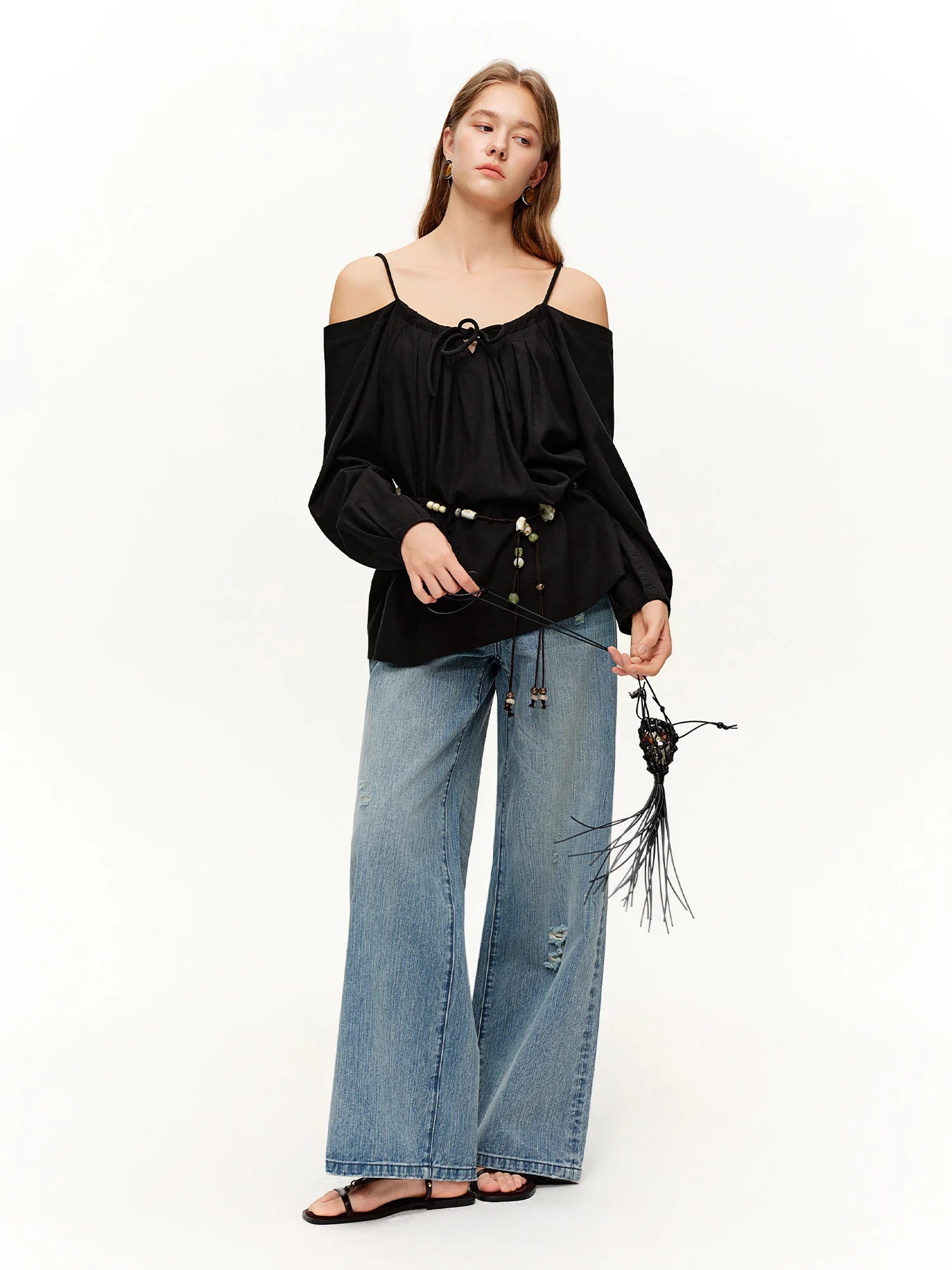 DUSHU Ripped Denim Wide-Leg Loose Jeans 2026 Spring New Arrival Casual Slimming Design Floor Lenghth Long Cotton Contain Pants