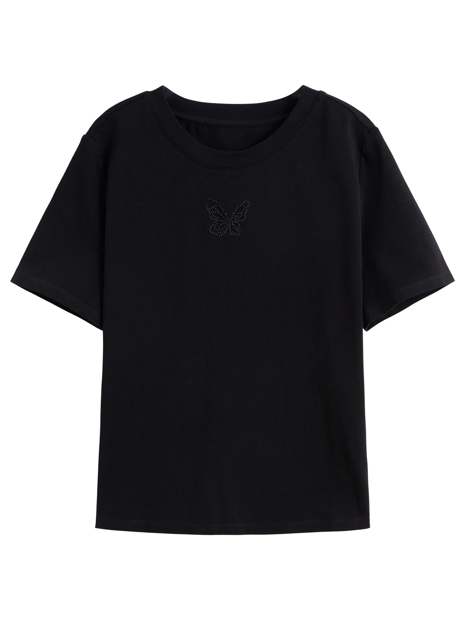DUSHU Office Lady Hollow Mesh Embroidery Straight Shoulder T-shirt 2025 Spring Summer New Commuter Short-sleeved Top 25DS81307