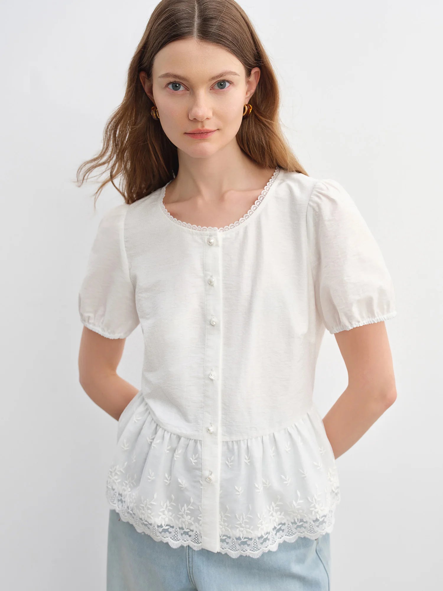 DUSHU Summer 2025 Textured Blouse - Relaxed Fit Lace Contrast Panels Casual Short Sleeve Resort to Office Top