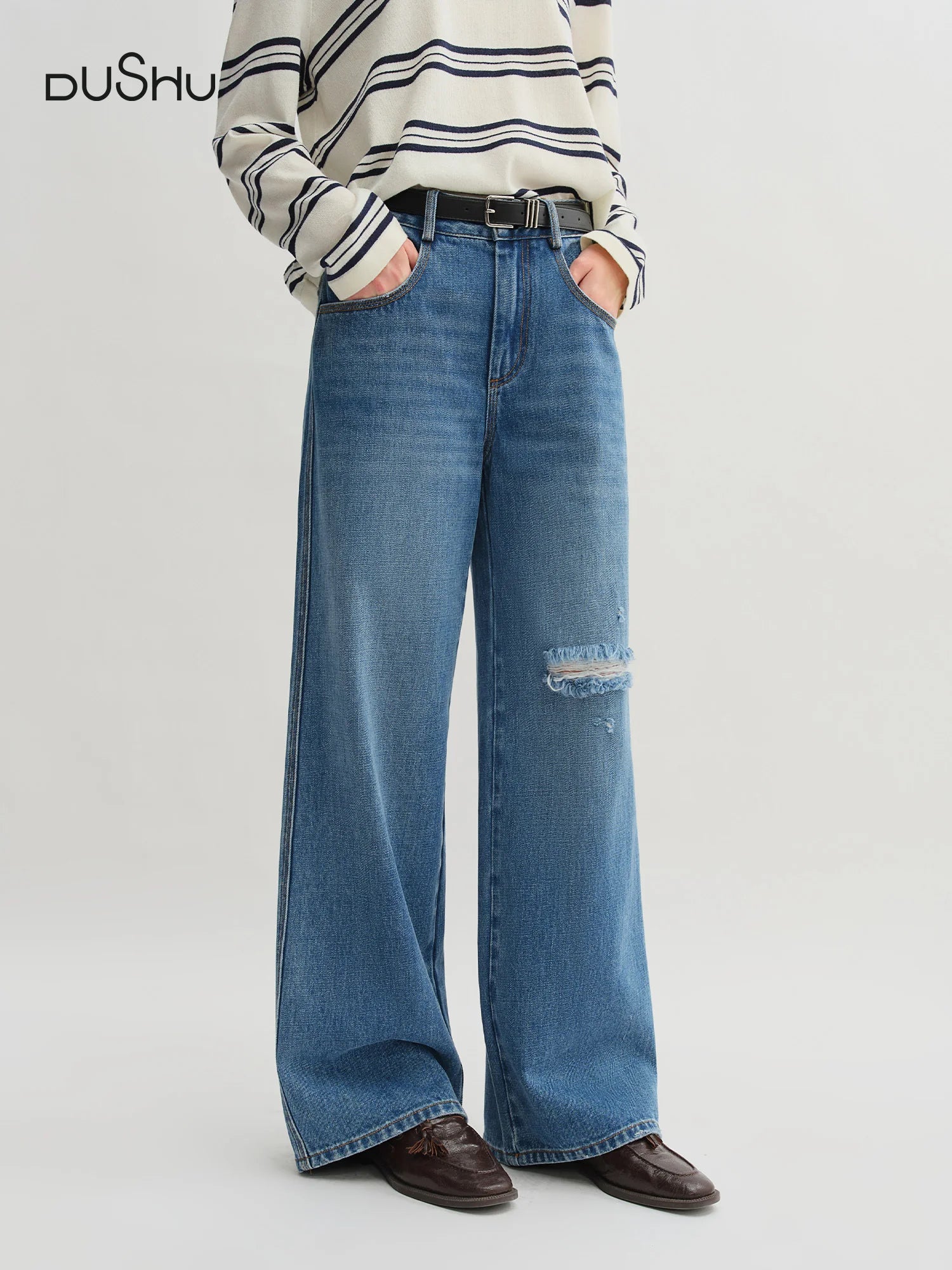 DUSHU 2025 Summer Women's Ripped Jeans - Straight Leg Non-Stretch Casual Pants High Waist Versatile Long Trousers