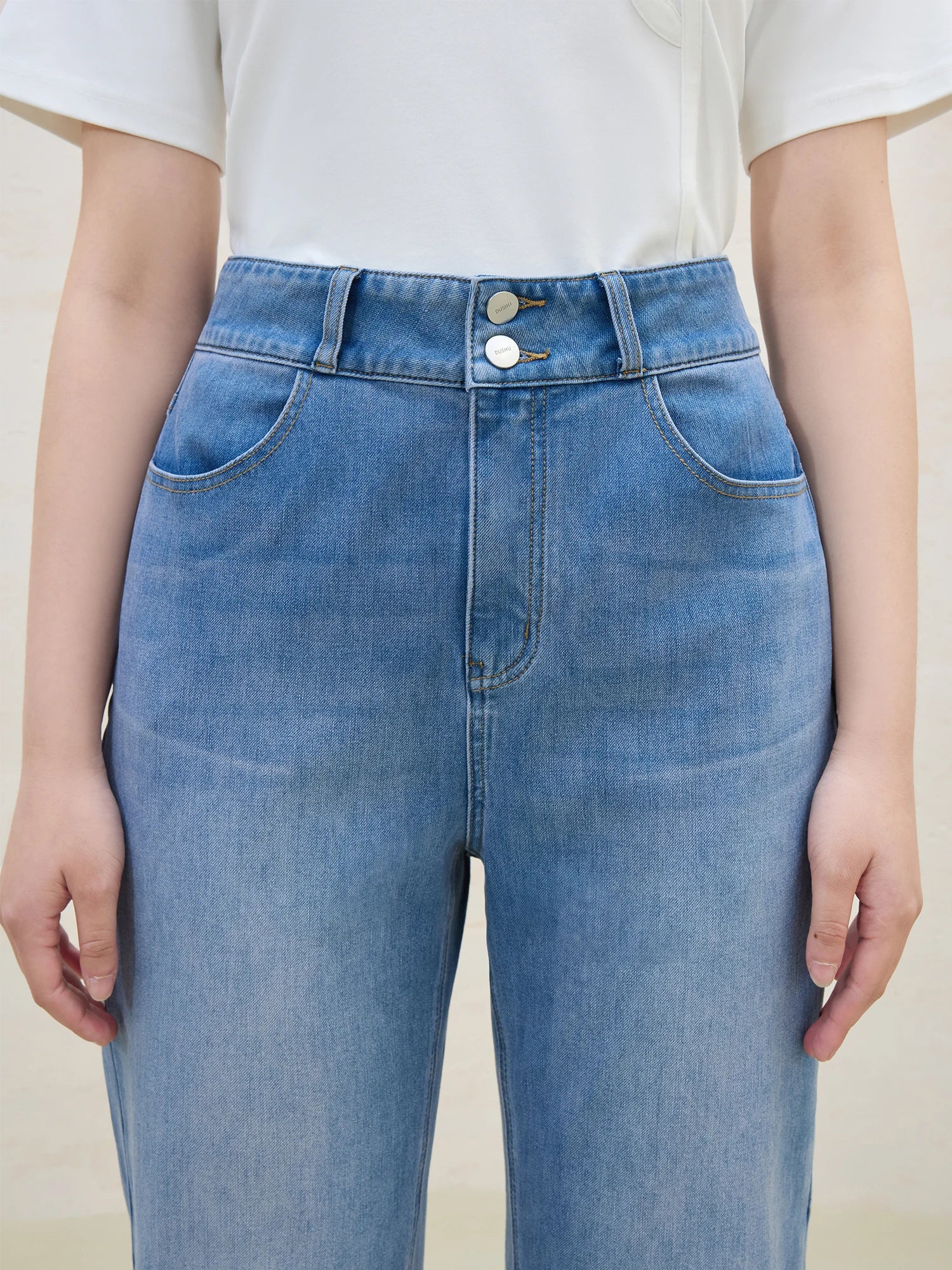 DUSHU MInimalism Style Blue High Waist Tapered Jeans For Women 2025 Slim Comfortable Elastic Chic Slim Long Pants 25DS82117