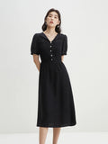 DUSHU Fake Two-piece Waist Up Dress 2024 Summer New Style Temperament V-neck Bubble Sleeves Yellow Black Women Dress 24DS82134
