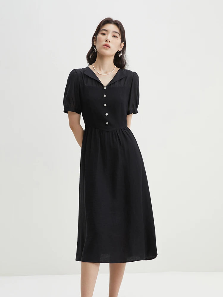 DUSHU Fake Two-piece Waist Up Dress 2024 Summer New Style Temperament V-neck Bubble Sleeves Yellow Black Women Dress 24DS82134