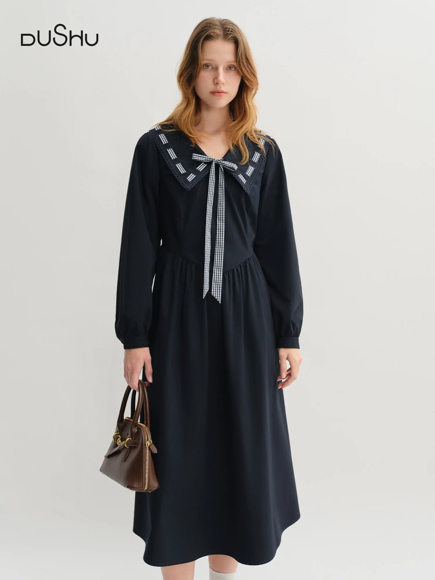 DUSHU Plus Size Women's College Style Navy Collar Ribbon Dress 2025 Autumn New Arrival High Waist Slimming Dress 25DS83299