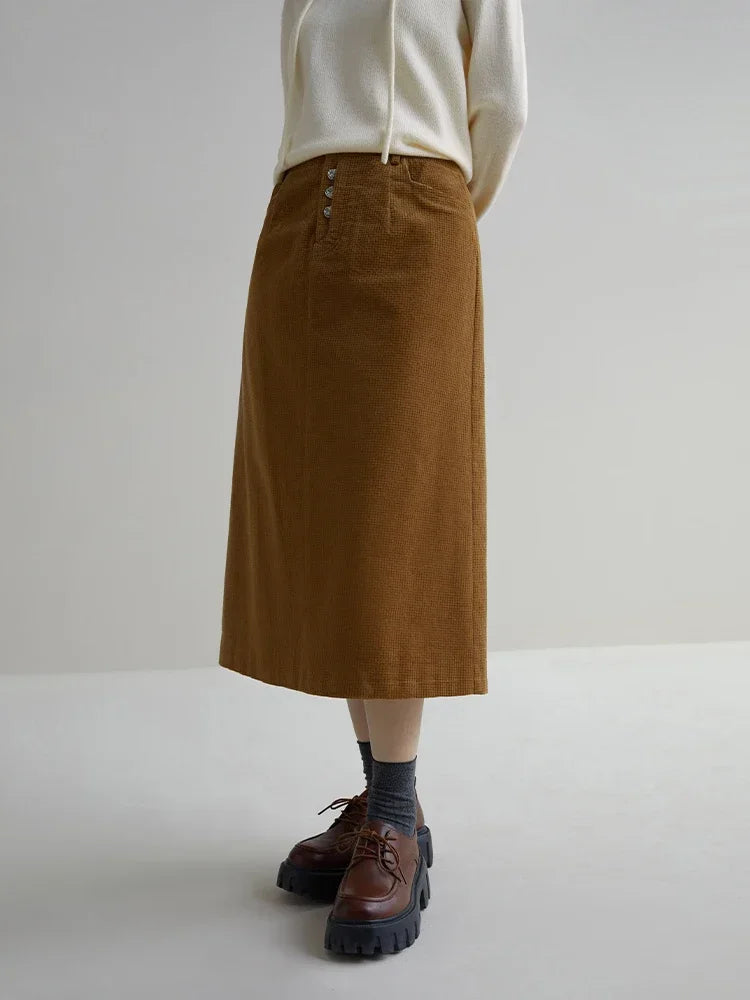 DUSHU Vintage Plaid Design High Waist Straight Tube Skirt for Women New Winter Corduroy Solid Color Casual Long Skirt for Female