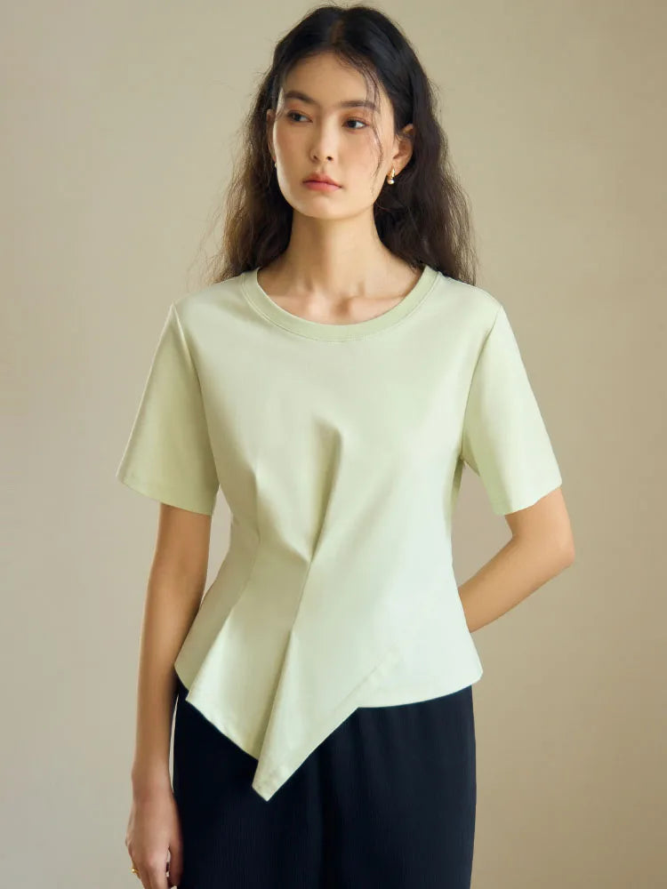 DUSHU 【4 colors】V-Neck Women Cotton Black Short Sleeve Tees Round Neck Front Shoulder White Pleated T-Shirts 24DS82342+24DS82496