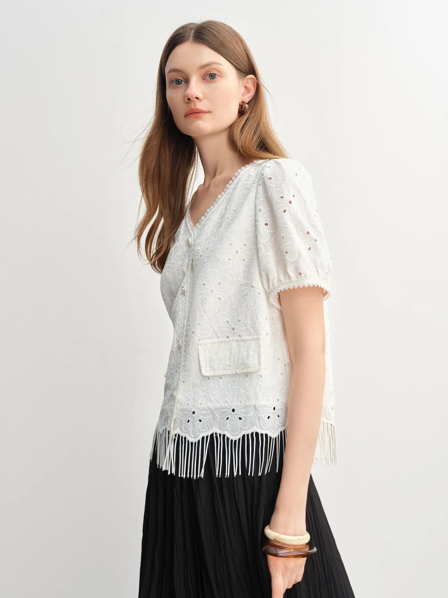 DUSHU Women White Chic Shirt Summer 2025 New Arrival Lace Embroidery Hollow Fat Tassel Casual Shirt Holiday Outfit 25DS82911