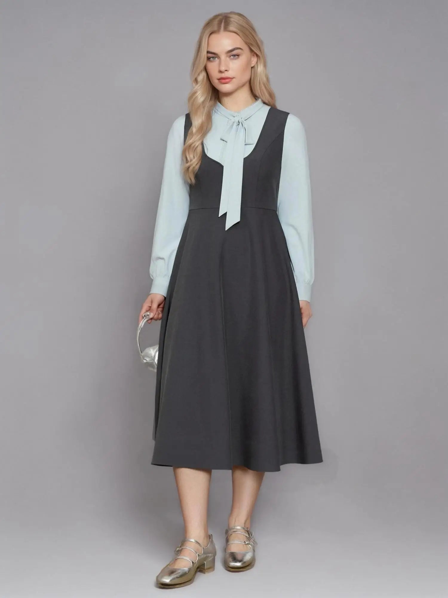 DUSHU Plus Size Office Lady Women's Large U-neck Vest Dress A-line Silhouette 2025 Spring Grey Dress 25DS81096
