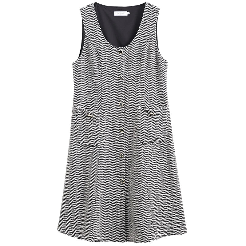 DUSHU Women's Retro Plaid U-neck Vest Skirt Pocket Design Button Placket Design Long Woolen A-line Dress Women Winter Dresses