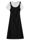DUSHU Summer 2025 Drop Shoulder Dress - Contrast Panels Fluid Hem Resort to Office Elegant Two Tone Midi Maxi