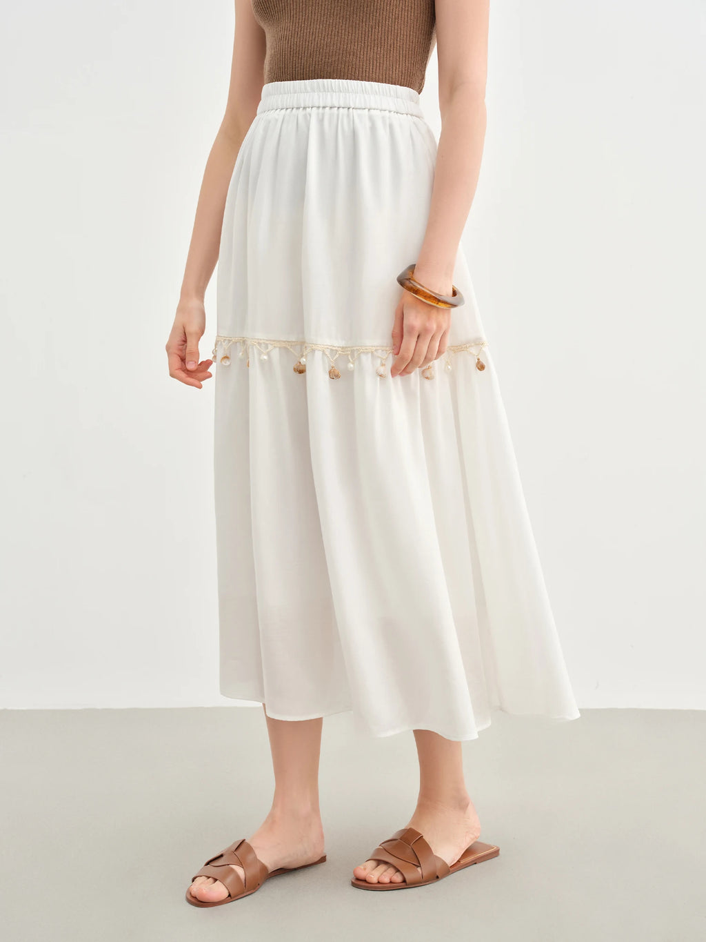 DUSHU Holiday Style Women Wave Playful Skirt Shell Lace Travel Long Skirt 2025 New Arrival A-line Umbrella Skirt 25DS82748