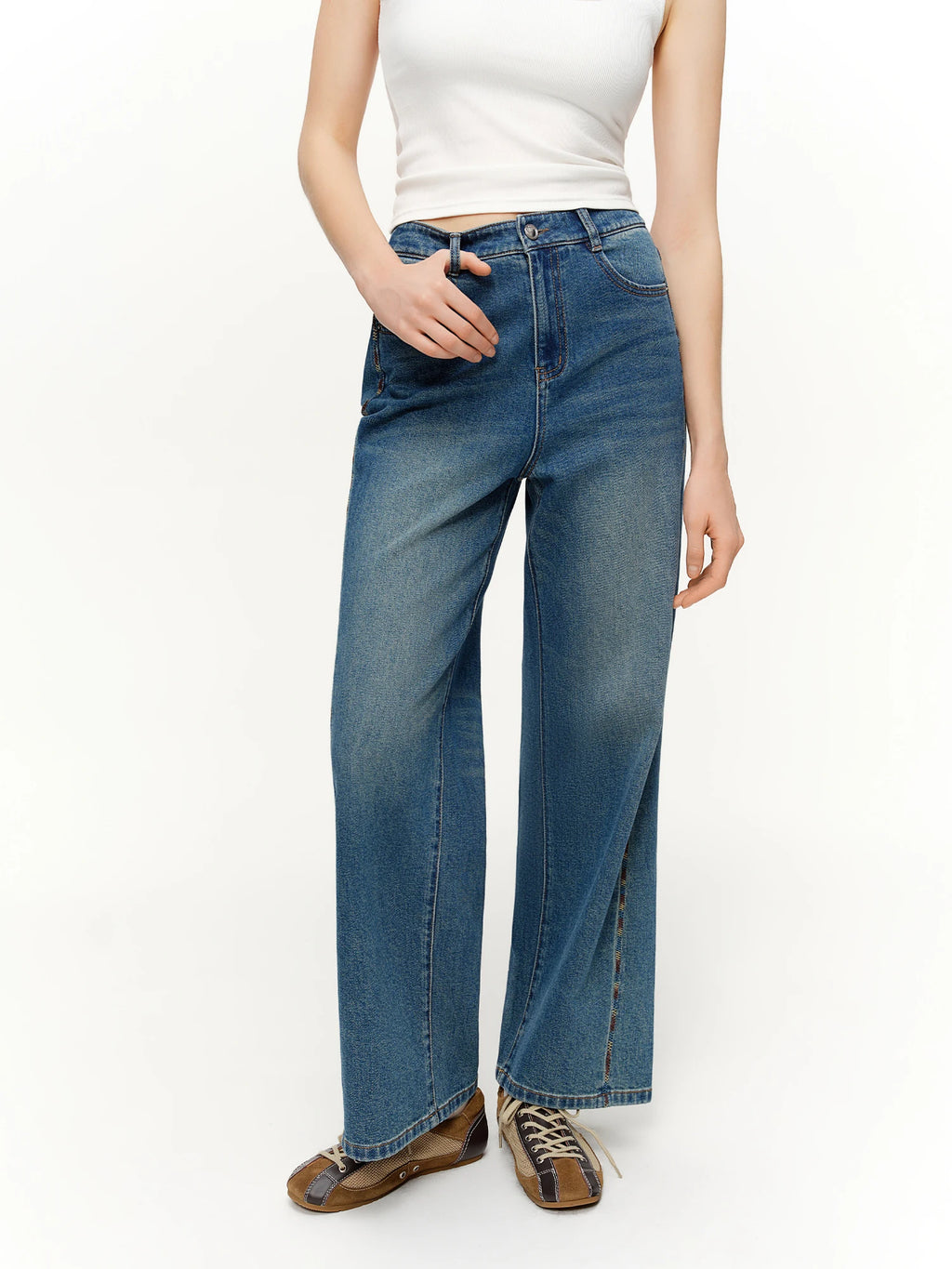 DUSHU 2026 Spring Women's Color Block Embroidered Straight Leg Jeans with Two Length Feature, Mix Match Patchwork Denim Pants