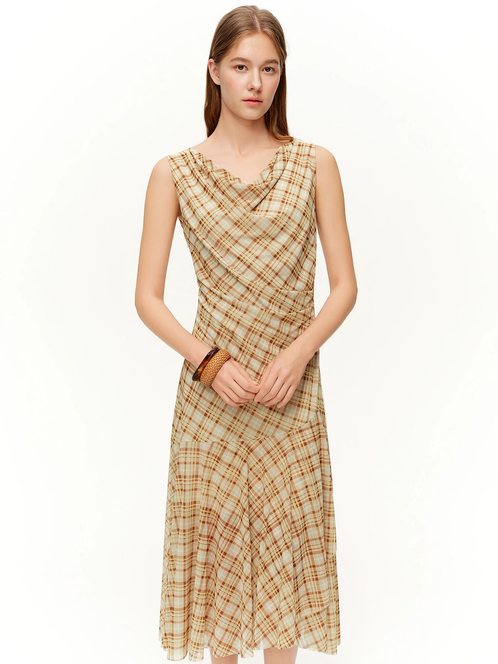 DUSHU Brown Retro Plaid Mesh Vest Dresses Women 2026 Spring New Arrival Resort Style Maxi Sundress Holiday Romantic Urban Style