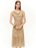 DUSHU Brown Retro Plaid Mesh Vest Dresses Women 2026 Spring New Arrival Resort Style Maxi Sundress Holiday Romantic Urban Style