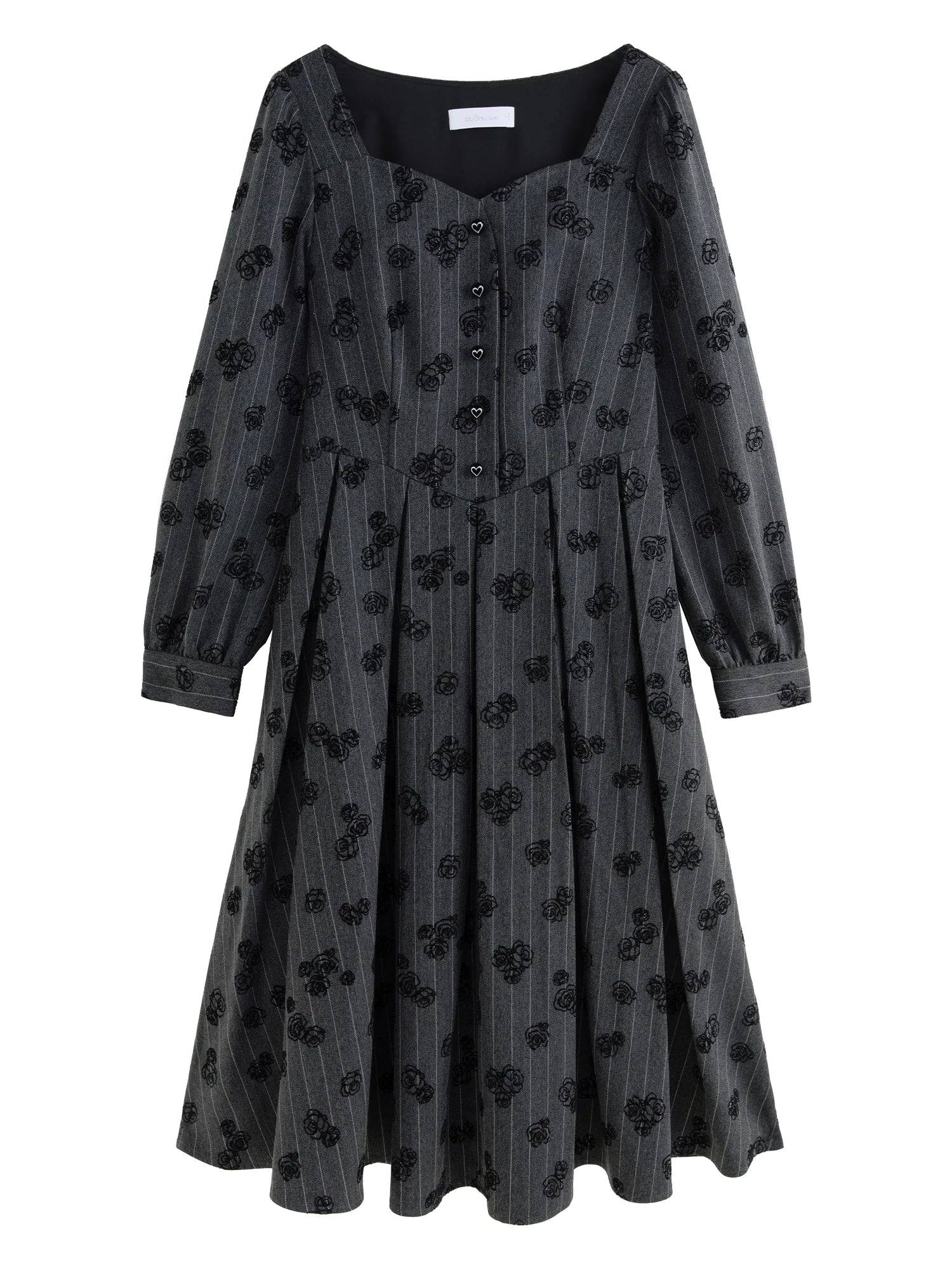 DUSHU Women Winter Print Dress Thicken Warm Female Winter Grey Puff Long Sleeve Dress X-LINE Square Neck Dresses 24DS84507