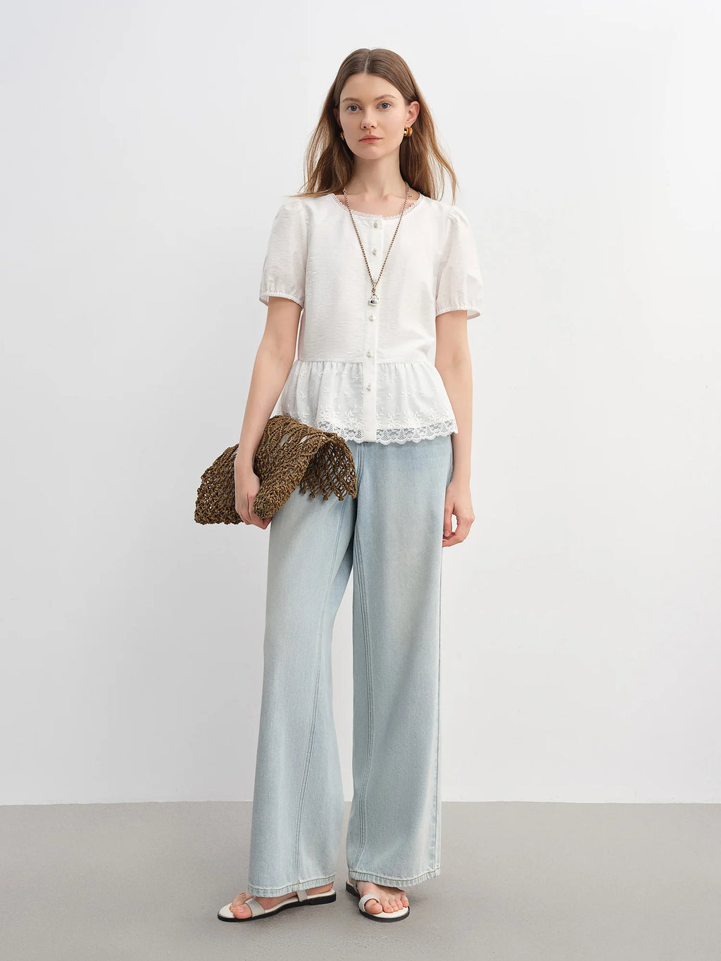 DUSHU Summer 2025 Textured Blouse - Relaxed Fit Lace Contrast Panels Casual Short Sleeve Resort to Office Top