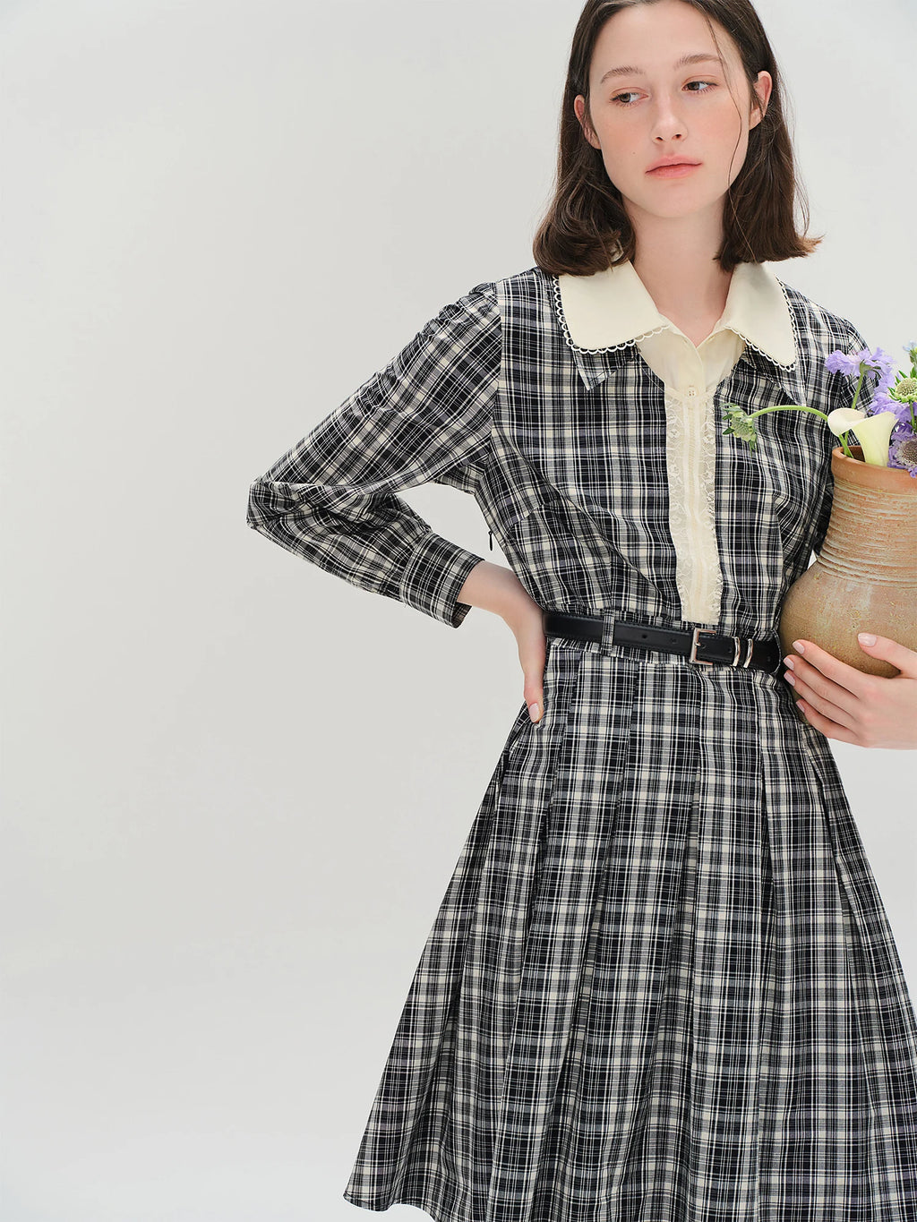 DUSHU Lace Peter Pan Collar Plaid Dress Women 2025 Autumn New Style Long Sleeve Knee Length Vintage Girlish British Style