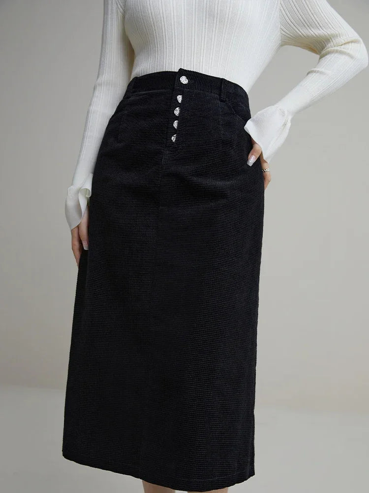 DUSHU Vintage Plaid Design High Waist Straight Tube Skirt for Women New Winter Corduroy Solid Color Casual Long Skirt for Female
