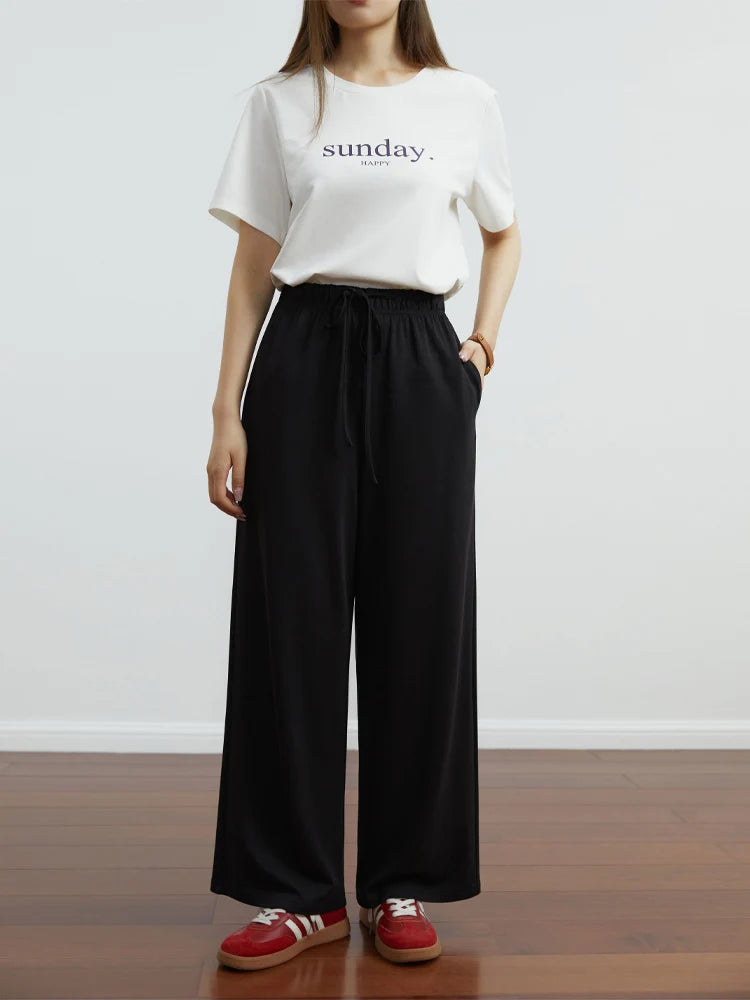 DUSHU Casual Long and Short Code Elastic Waist Design Loose Straight Leg Pants for Women Autumn New All-match Solid Color Pants