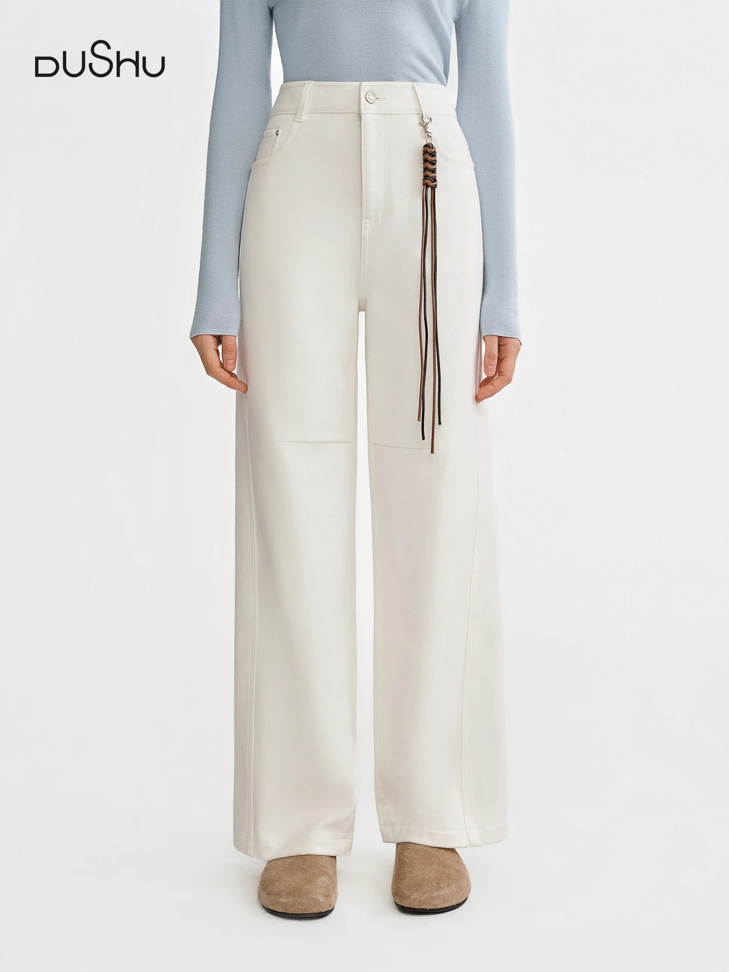 DUSHU Plus-Size Women's Fleece-Lined High-Waisted Jeans Flattering Winter Commute Outerwear Pants 2025 New Arrival Thick Jeans