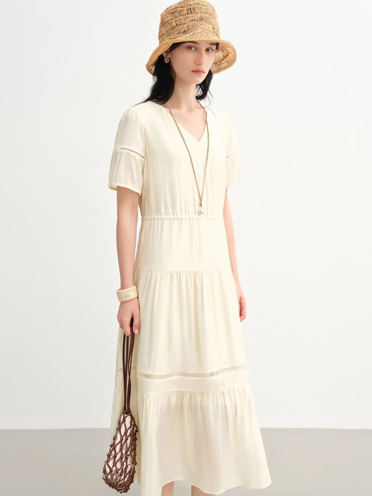 DUSHU 2025 Summer Women's Curve-Flattering Tiered Hem Dress - French-Inspired Design & Breathable Linen for Hourglass Silhouette