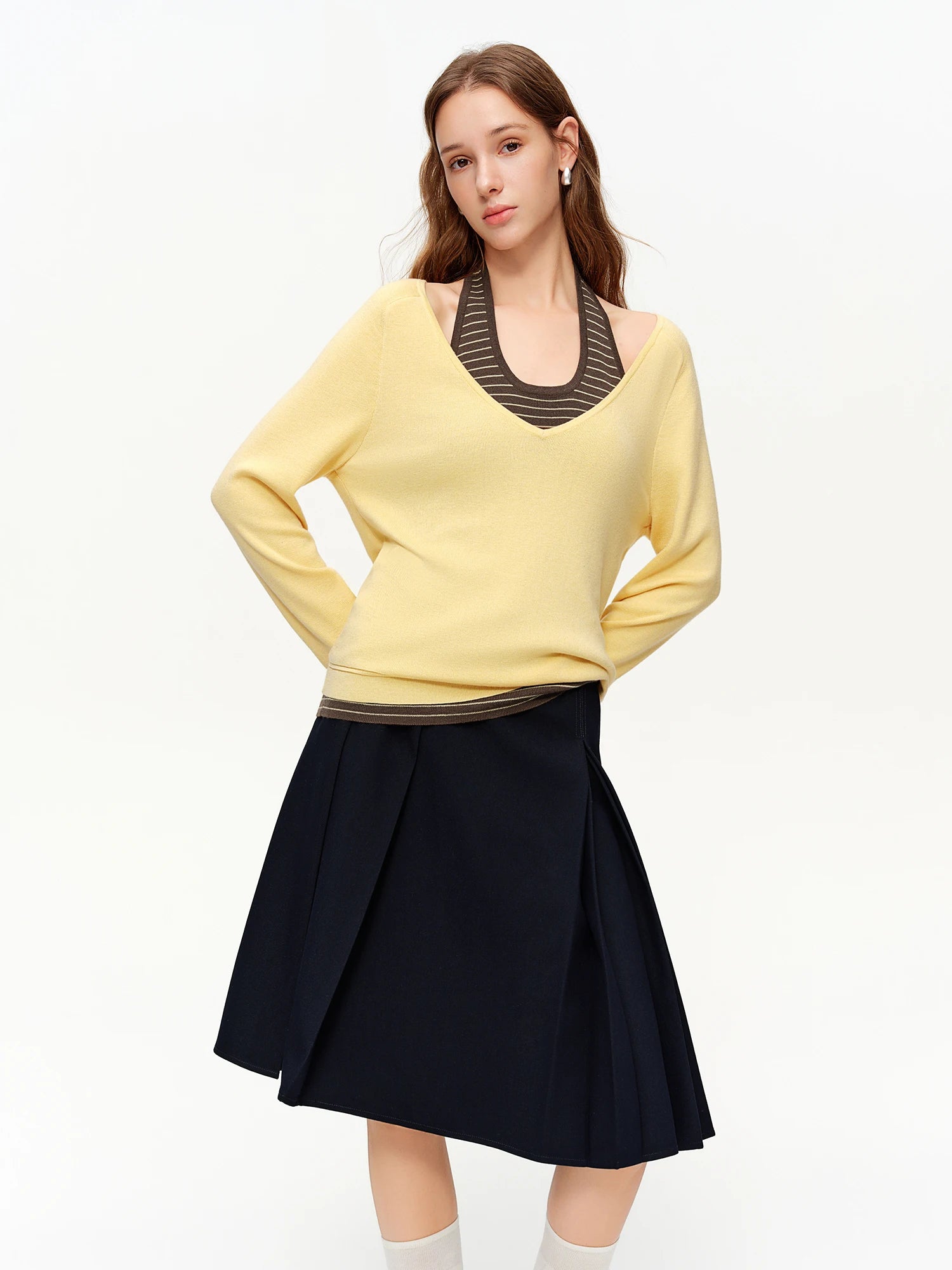 DUSHU 2026 Spring Plus Size Women's Halter Neck Vest & V Neck Knit Two Piece Set, Y2K Cropped Top Long Sleeve Coquette Outfit