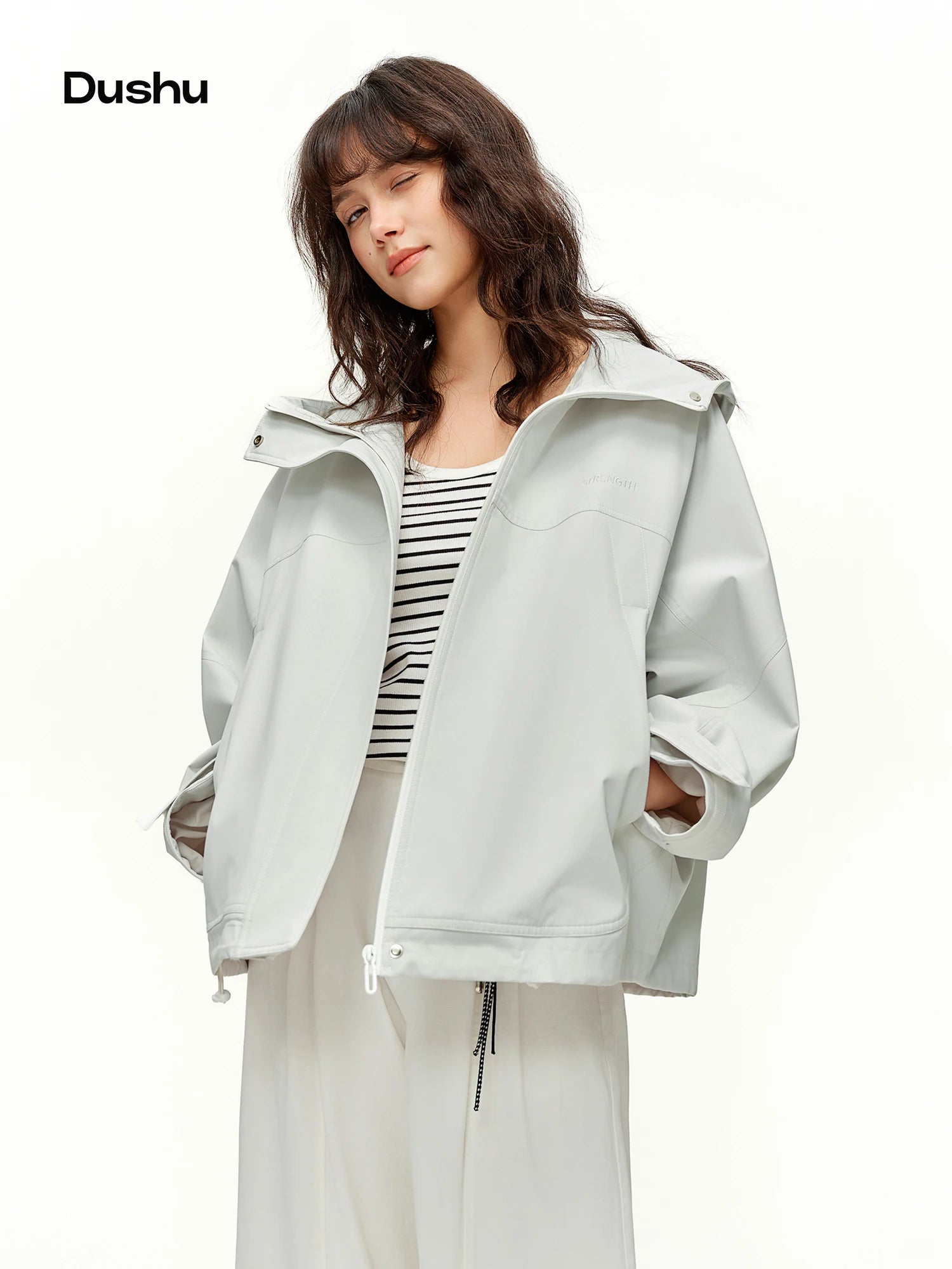 DUSHU Hooded Casual Fashion Jacket Straight Retro Sporty Short Jacket for Spring 2026 Loose Solid Simple Daily Outwear