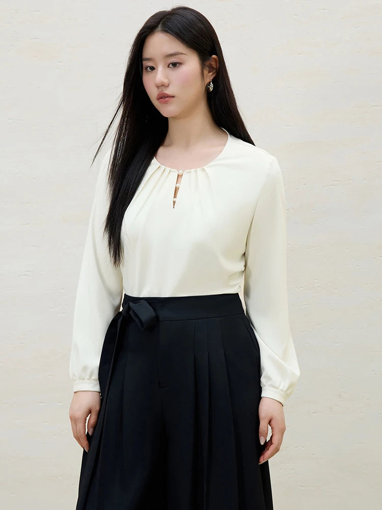 DUSHU Women Beige Chiffon Blouse 2025 Spring New Long Puff Sleeve Elegant Style Pearl Design Shirt Tops Black Shirt 25DS81095