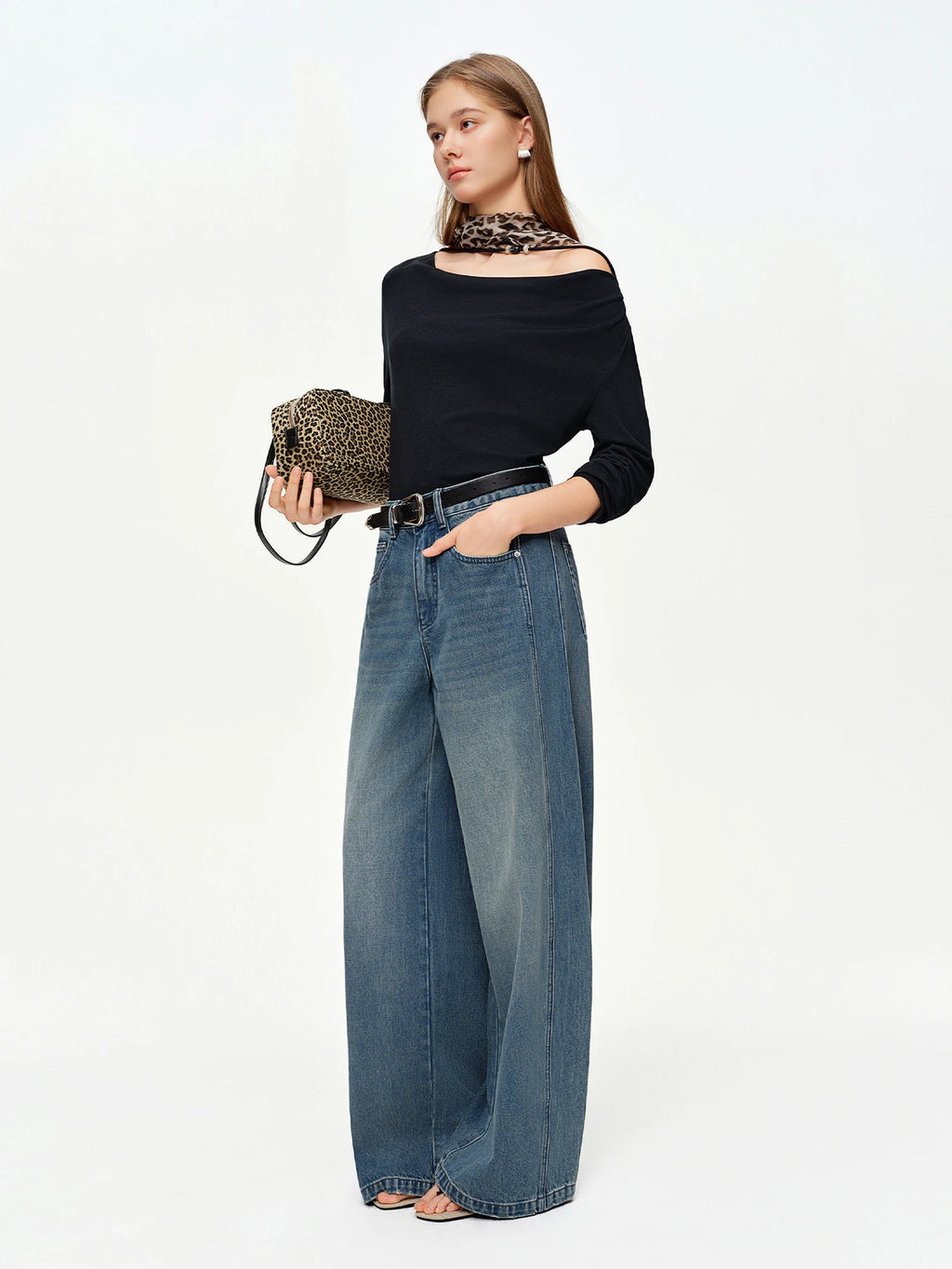 DUSHU 2026 Spring Exclusive Retro High Waist Jeans Blue Washed Cotton Curved Line BF Baggy Straight Pants