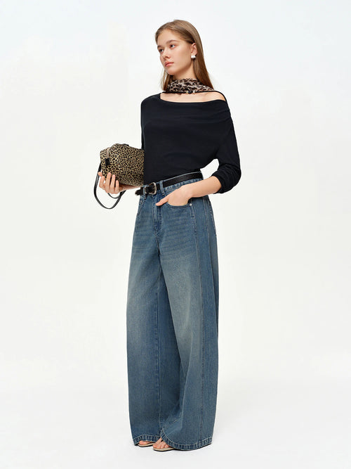DUSHU 2026 Spring Exclusive Retro High Waist Jeans Blue Washed Cotton Curved Line BF Baggy Straight Pants