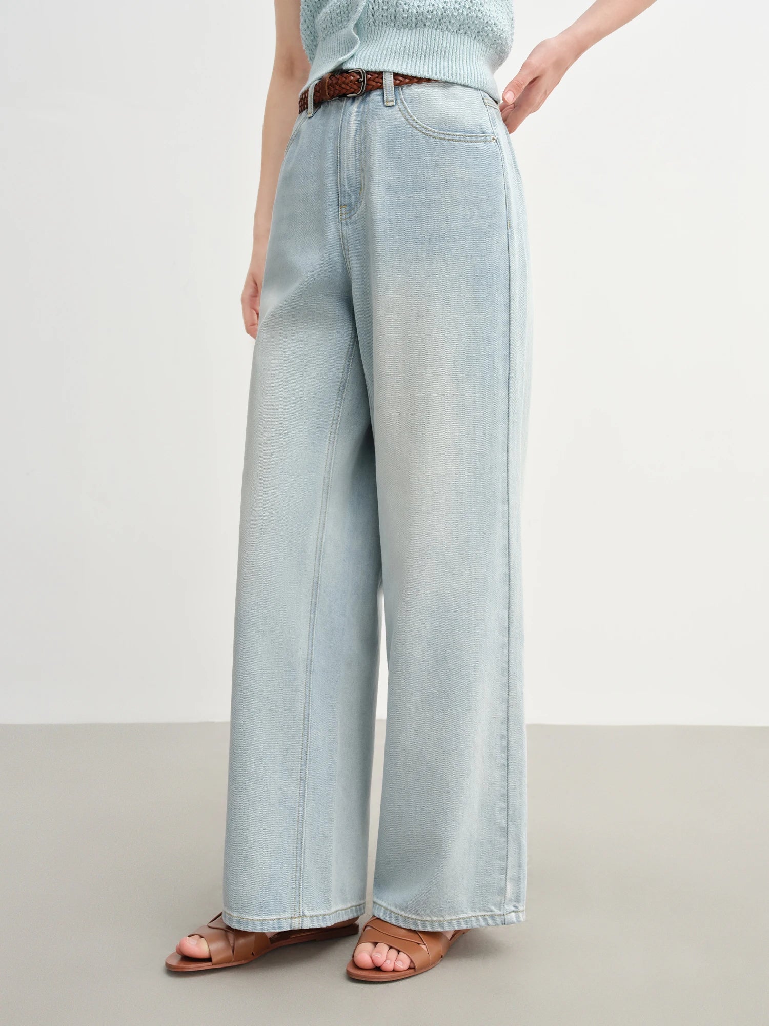 DUSHU Light-colored Jeans Summer 2025 New Style Fashionable All-match High Waist Striped Stitching Straight Pants 25DS82744