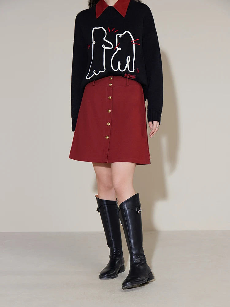 DUSHU Simple Style Elegant 53% Wool A-line Skirt for Women New Winter High-waist Slimming Temperament Mini-skirts Female