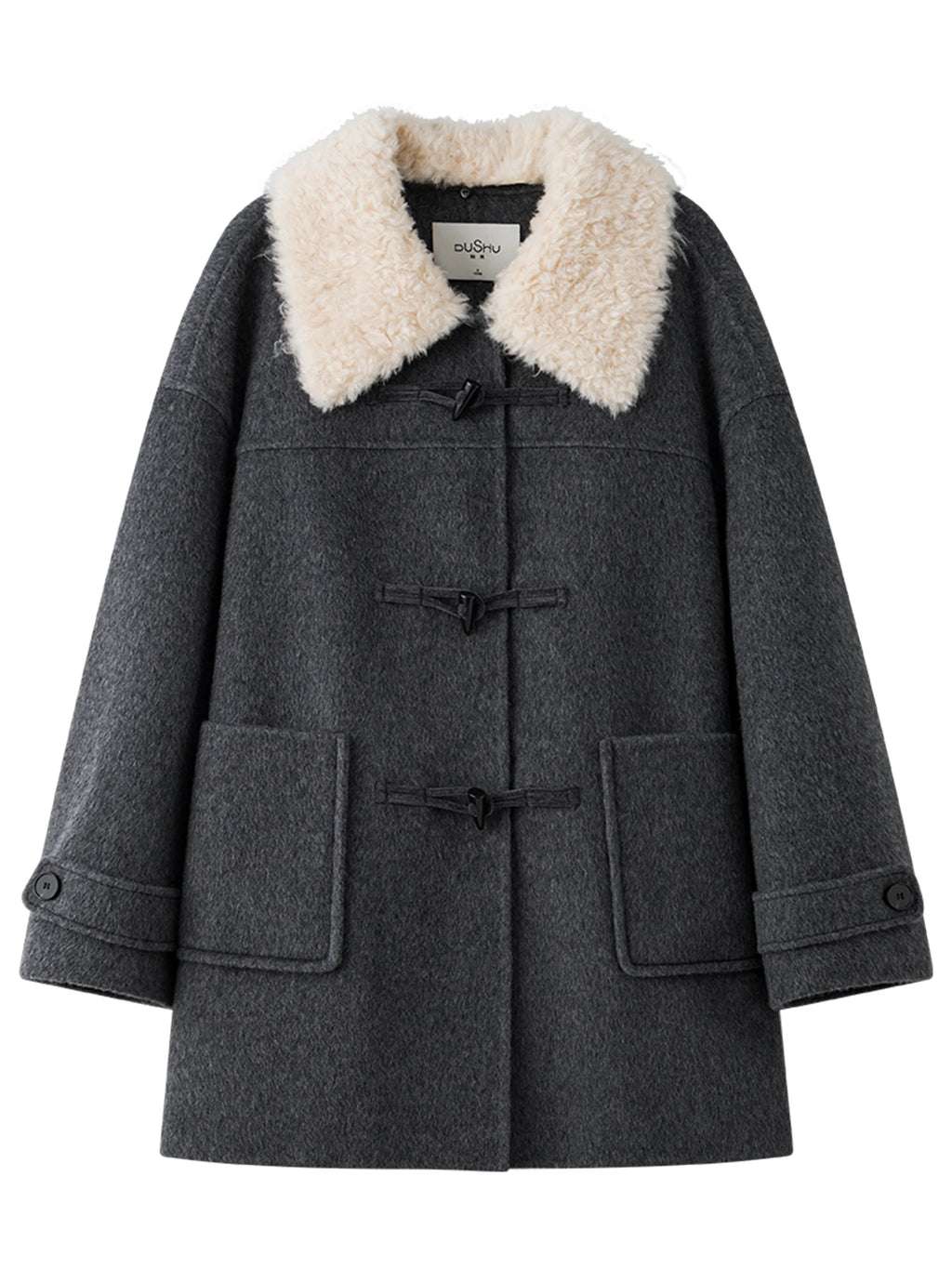 DUSHU 2025 Winter Women's Detachable Faux Fur Collar Toggle Button Wool Blend Coat - New Arrival Casual Elegant Outerwear