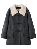 DUSHU 2025 Winter Women's Detachable Faux Fur Collar Toggle Button Wool Blend Coat - New Arrival Casual Elegant Outerwear