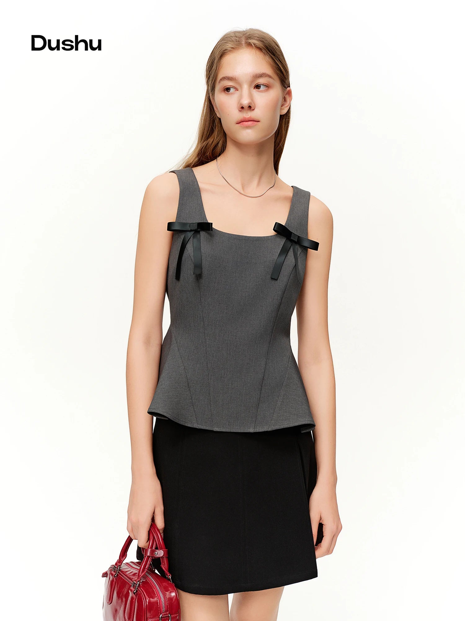 DUSHU 2026 Spring Women's Bow Accent Slim Fit Camisole with Stretch Fabric - Versatile Sleeveless Top for Casual and Daily Wear