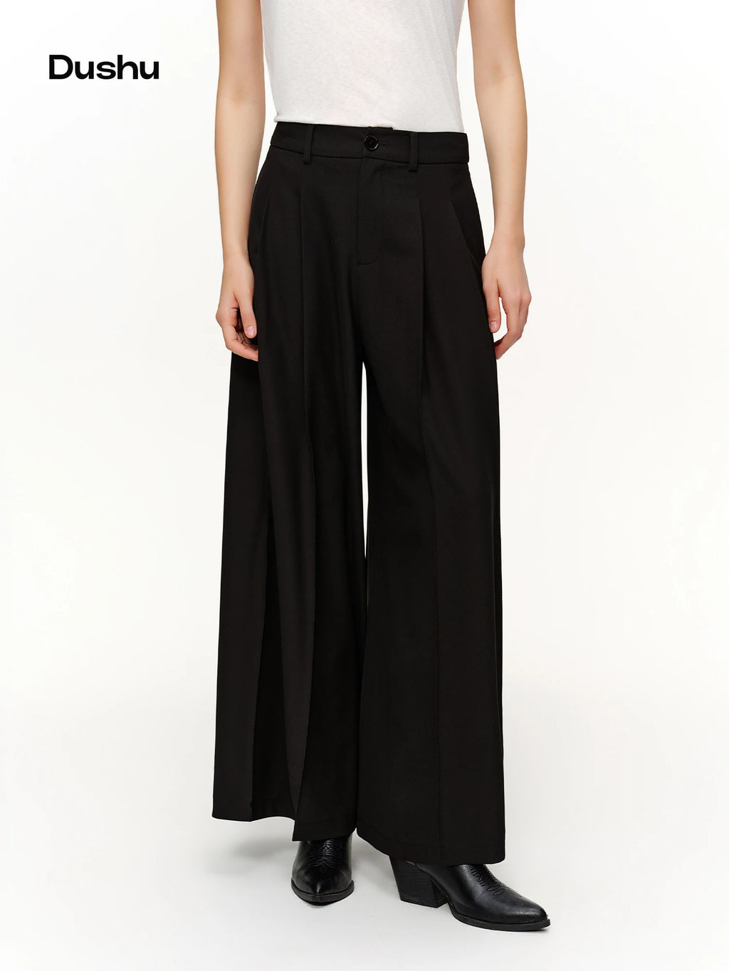DUSHU 2026 Spring Women's High Waist Pleated Wide Leg Pants Paper Bag Waist Relaxed Fit Straight Trousers for Casual Daily Wear