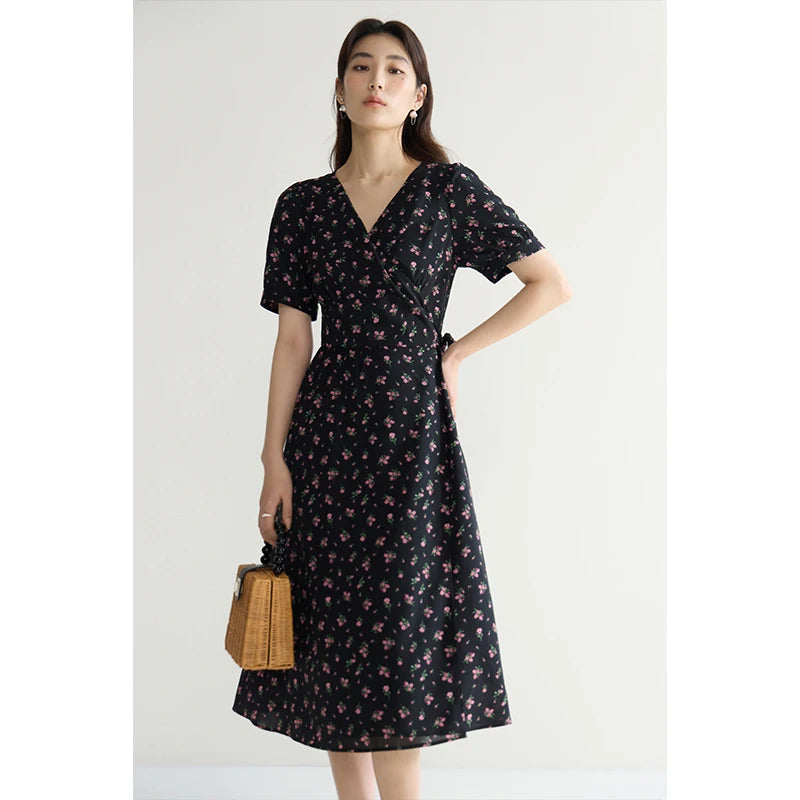 DUSHU French Dress Summer 2024 New Elegant Refreshing Floral Dress Black White Wave Point Women Boho Dresses 24DS82437