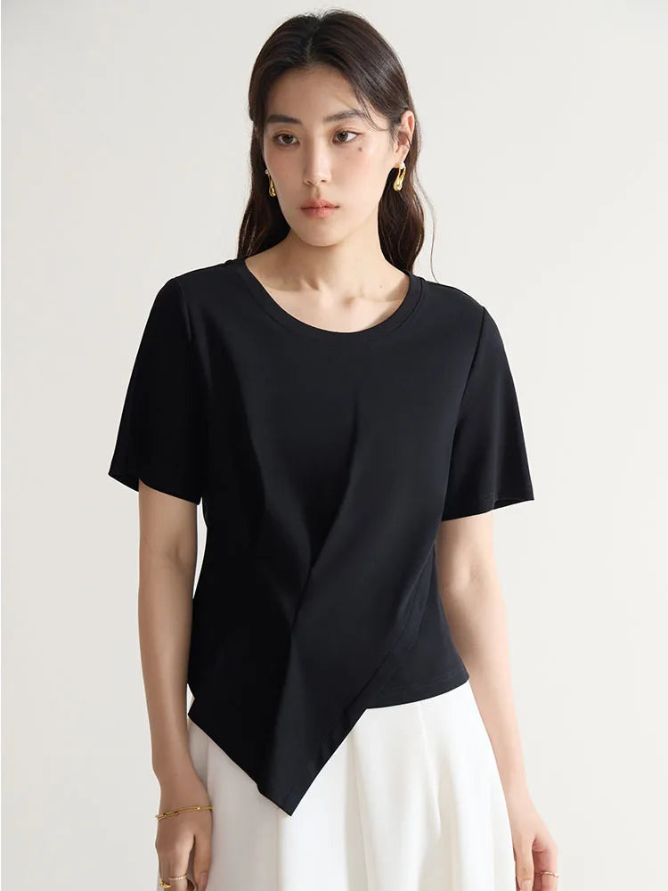 DUSHU 【4 colors】V-Neck Women Cotton Black Short Sleeve Tees Round Neck Front Shoulder White Pleated T-Shirts 24DS82342+24DS82496